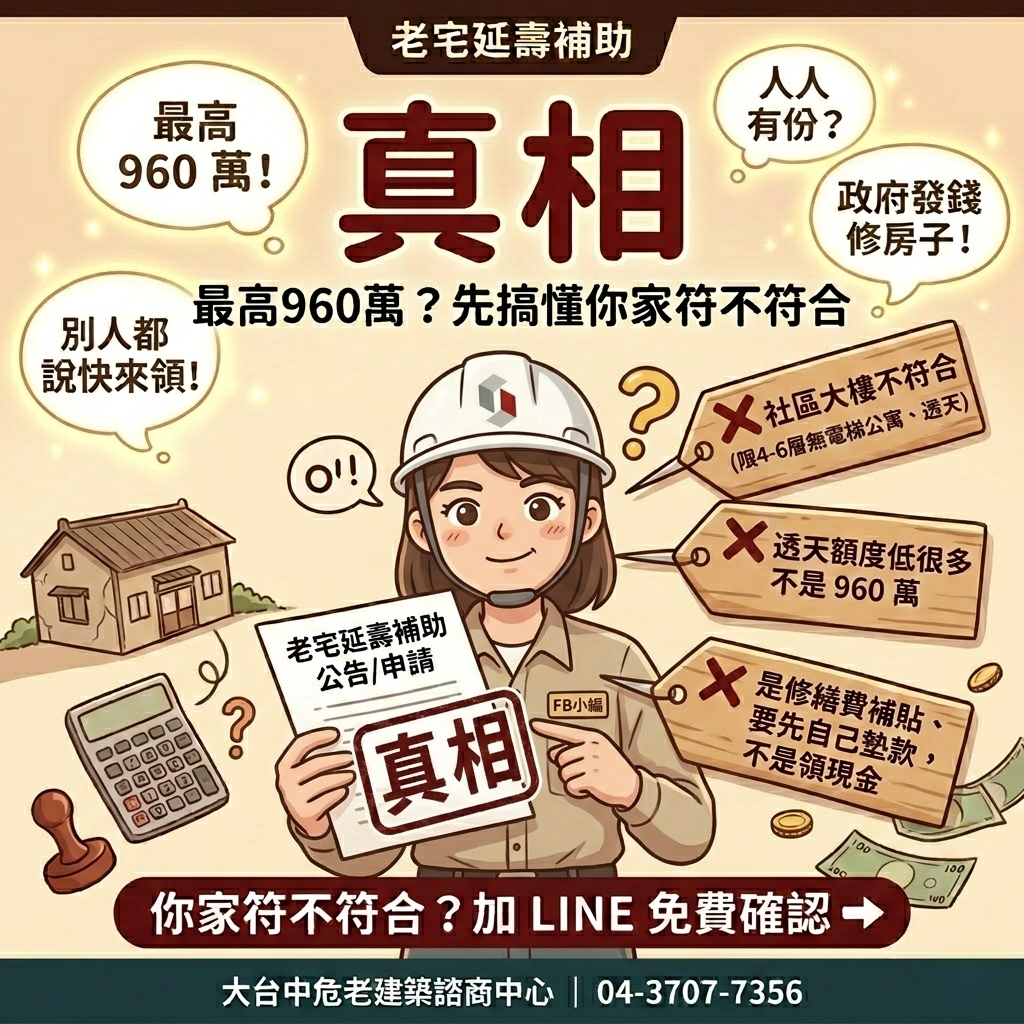 老宅延壽補助真相：破解三大迷思，社區大樓不符資格、透天不是960萬、補助需先墊款