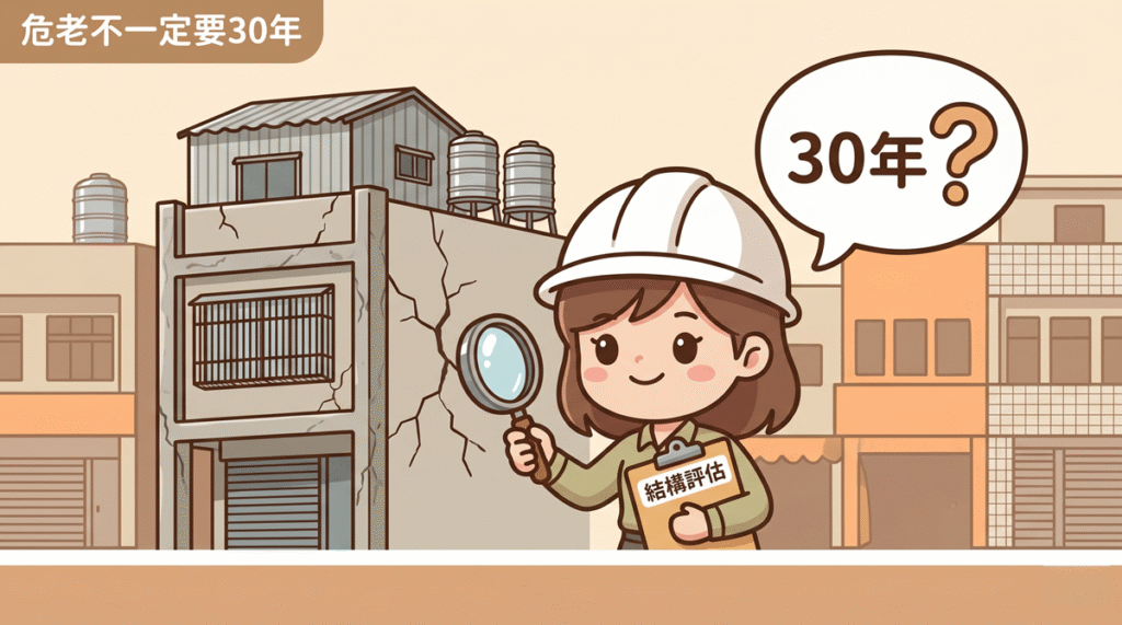 房子不到30年也可能適合危老重建，戴白帽的女性顧問拿放大鏡檢查老屋結構