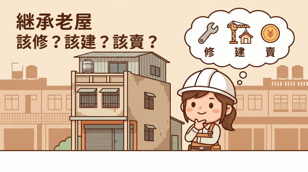 繼承的老透天該修該建還是該賣，戴白帽的女性顧問在老屋前思考三條路