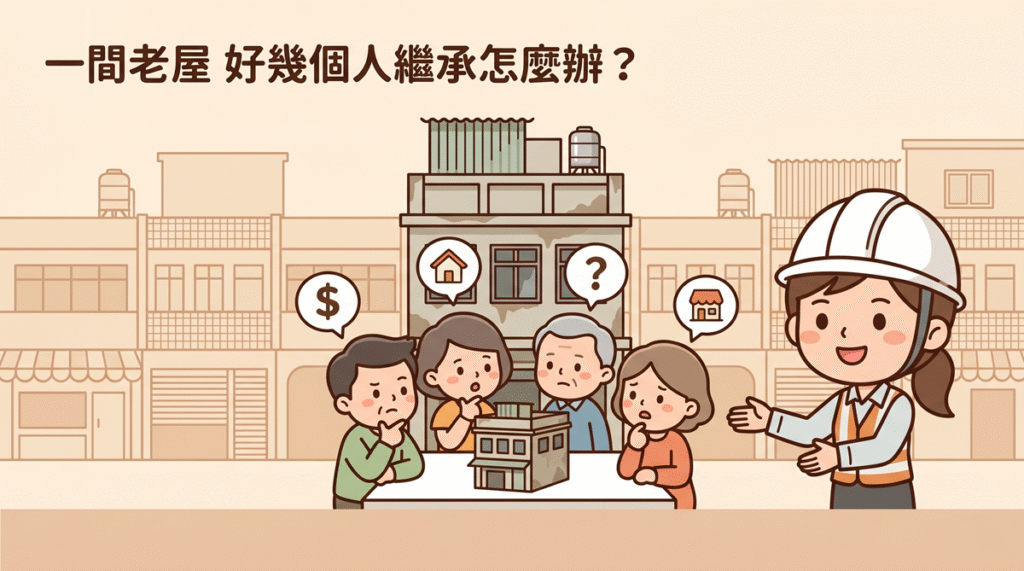 一間老屋好幾個人繼承意見喬不攏，戴白帽的女性顧問協助家人圍桌溝通整合產權