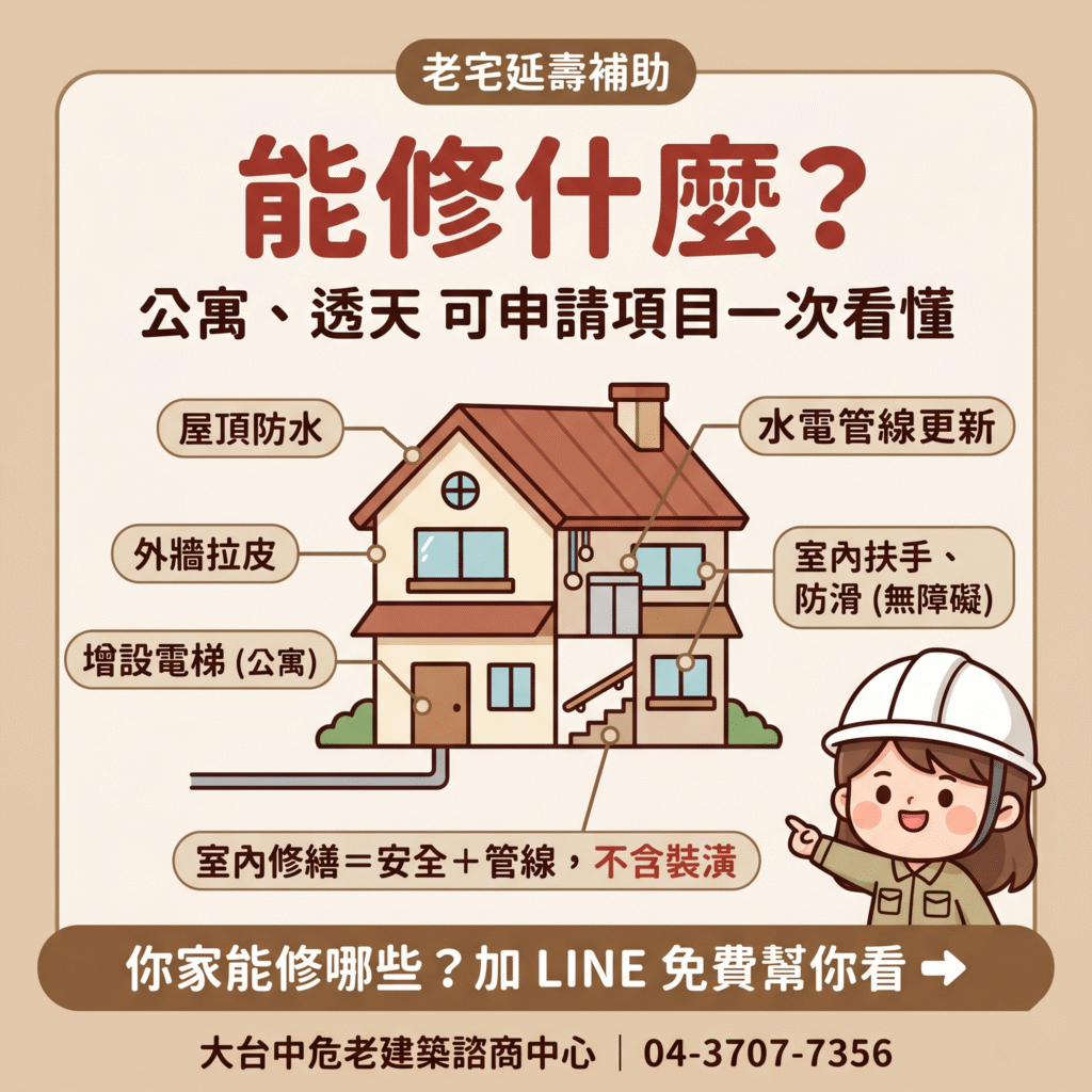 老宅延壽補助能修什麼？公寓可修電梯、外牆、屋頂、公共管線與室內無障礙，透天可修外牆、屋頂、室內管線