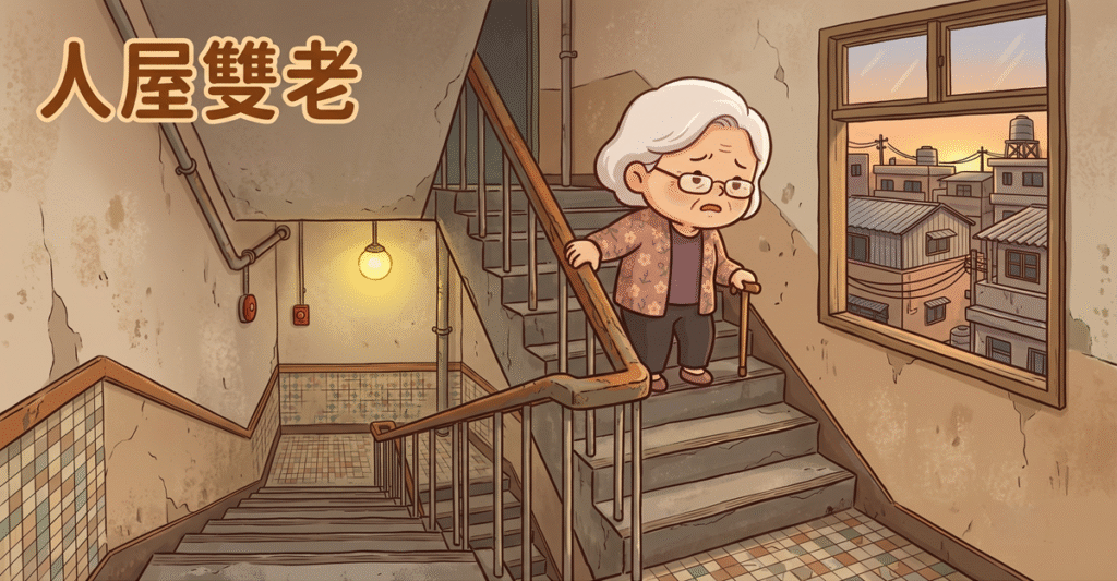 人屋雙老示意插畫－獨居長輩站在無電梯老公寓陡峭樓梯口，下樓行動不便