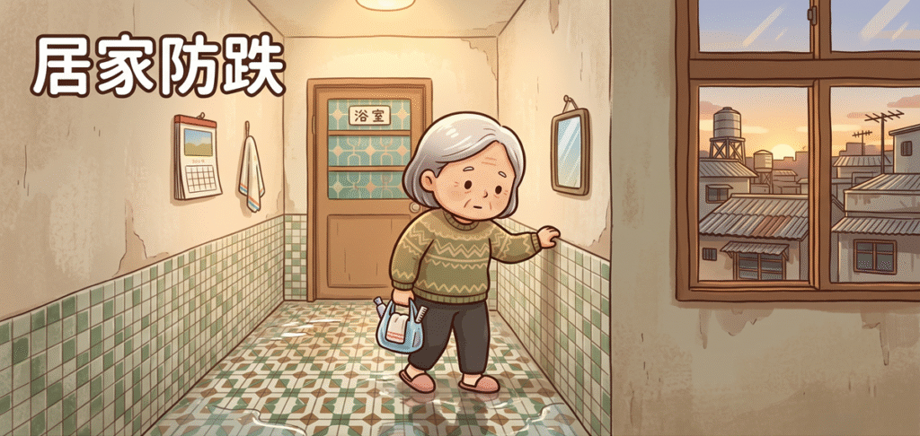 居家防跌示意插畫－長輩在老屋濕滑浴室小心行走，無扶手有跌倒風險