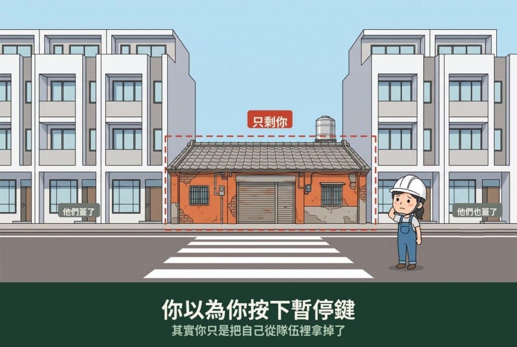 危老重建示意圖：左右鄰戶各自重建為新透天，未同意的中間戶被留下，老平房夾在兩棟新樓之間