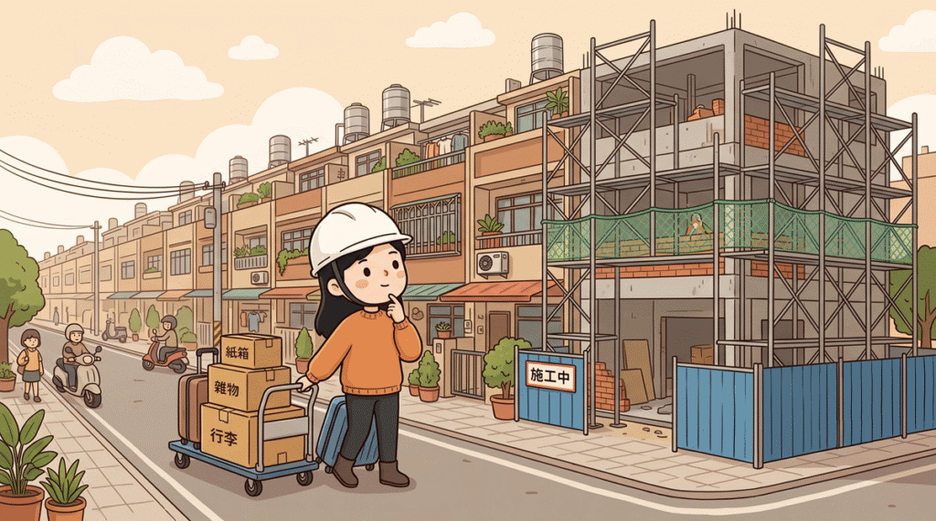 危老重建期間住哪：戴白色安全帽的屋主拉著行李和搬家推車，看著施工中的老透天