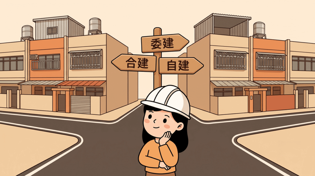 合建、委建、自建三條路比較：戴白色安全帽的屋主站在三岔路口思考，背景為台灣老透天街屋