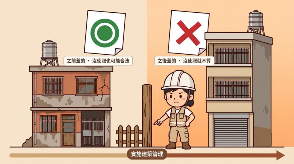 以實施建築管理為分界，左邊老屋有合法證明、右邊老屋沒有使用執照