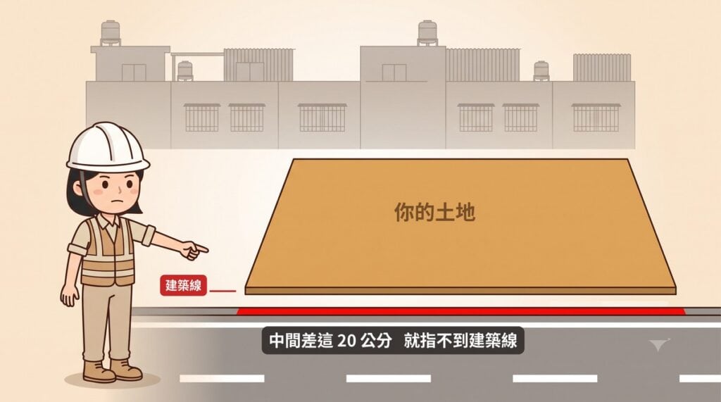 土地與建築線之間僅差二十公分，看起來緊鄰道路，實際上指不到建築線