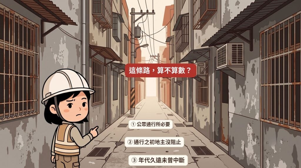 台灣老聚落窄巷，說明既成道路認定的三個要件：公眾通行必要、地主未阻止、年代久遠未中斷