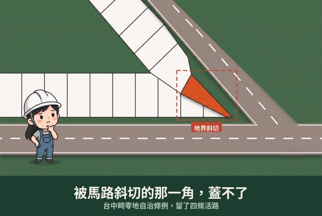 台中畸零地示意圖：斜向計畫道路把街廓削出銳角，尖端那塊三角形土地形狀不合格，不能單獨建築