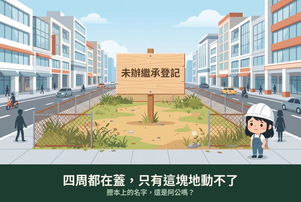 台中老屋重建｜未辦繼承登記示意：四周商業區繁華，中間一塊土地荒草叢生、圍籬圈起，插著「未辦繼承登記」的木牌