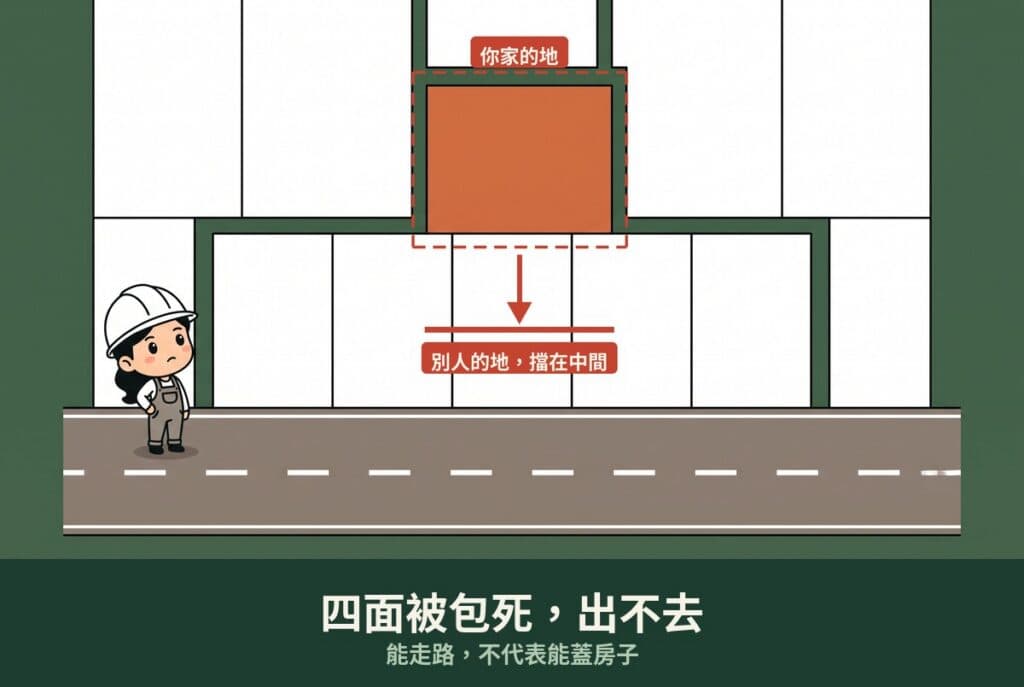 袋地示意圖：土地四周被其他地號完整包圍，與馬路之間隔著別人的土地，沒有出口
