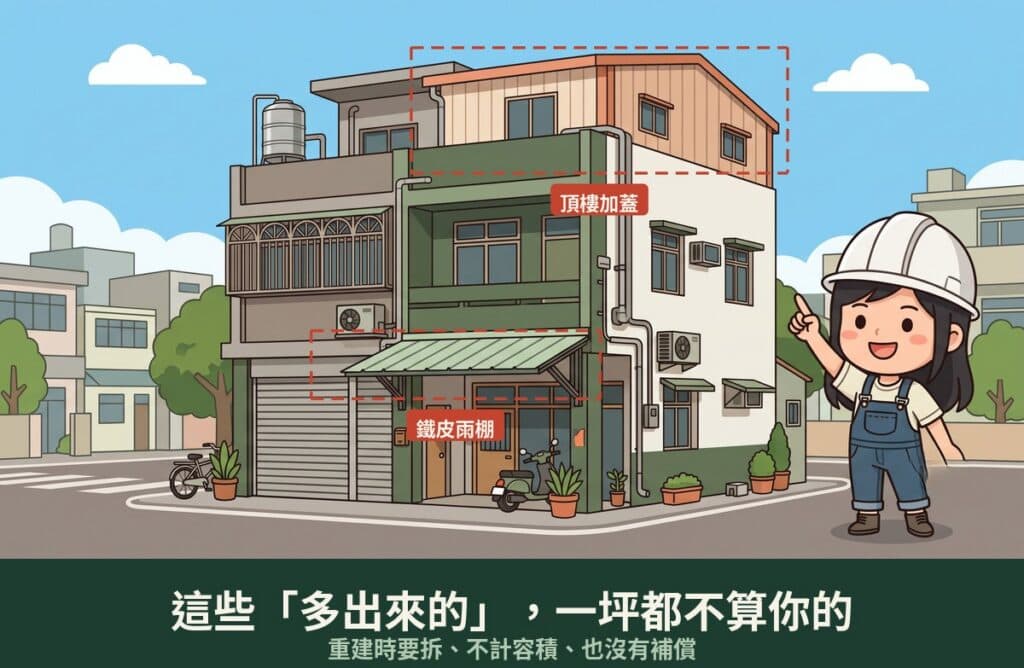 台中老屋重建｜頂樓加蓋與鐵皮雨棚示意：這些增建部分不列入容積計算，重建時要拆除且不補償