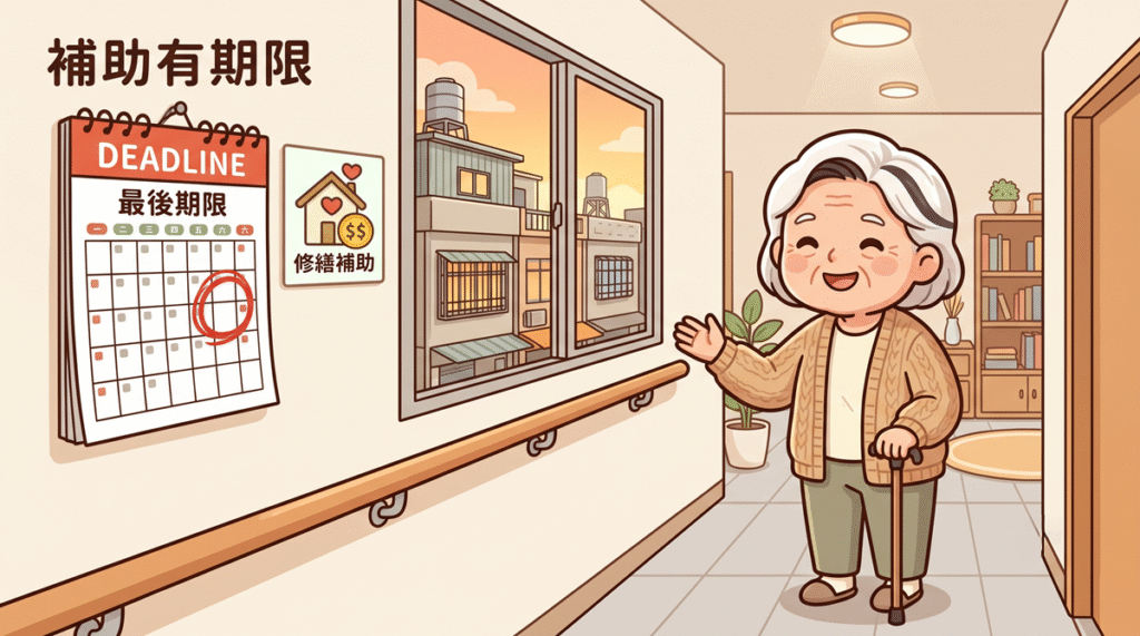 老宅延壽補助示意插畫－長輩在修繕好的無障礙老屋，提醒修繕補助有申請期限
