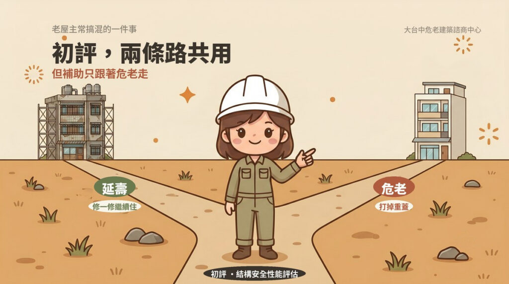 結構安全性能評估是危老重建與老宅延壽共用的入口，圖示說明兩條路的分岔與補助差異