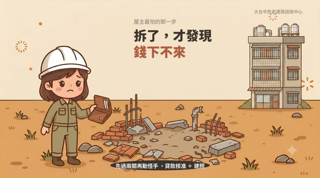 危老重建的拆除時間點必須在貸款核准與建照核發之後，圖示拆除後停工的空地