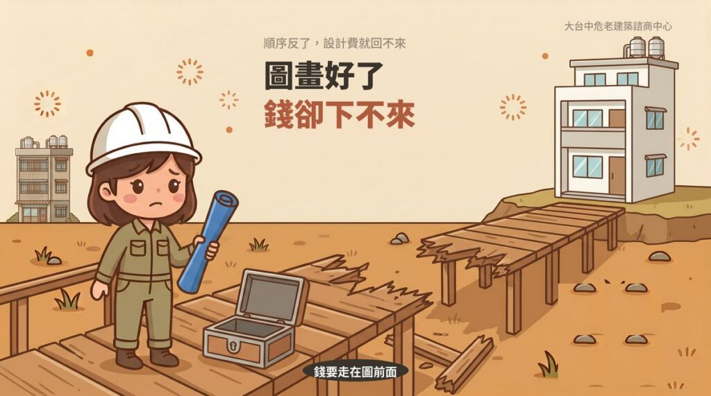 危老重建的資金確認要走在設計圖前面，圖示斷橋比喻資金中斷