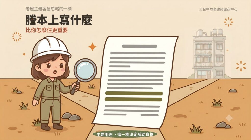 建物謄本上的主要用途欄位會影響補助資格，圖示屋主用放大鏡檢視謄本