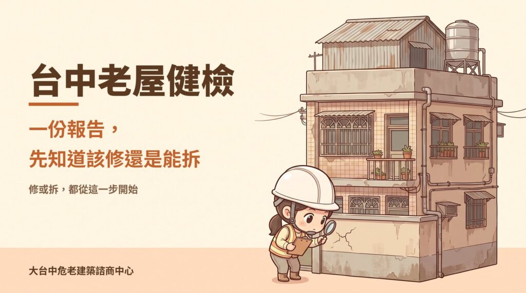 台中老屋健檢：戴白色安全帽的女生拿放大鏡檢查老透天外牆裂縫，一份報告先知道老屋該修還是能拆