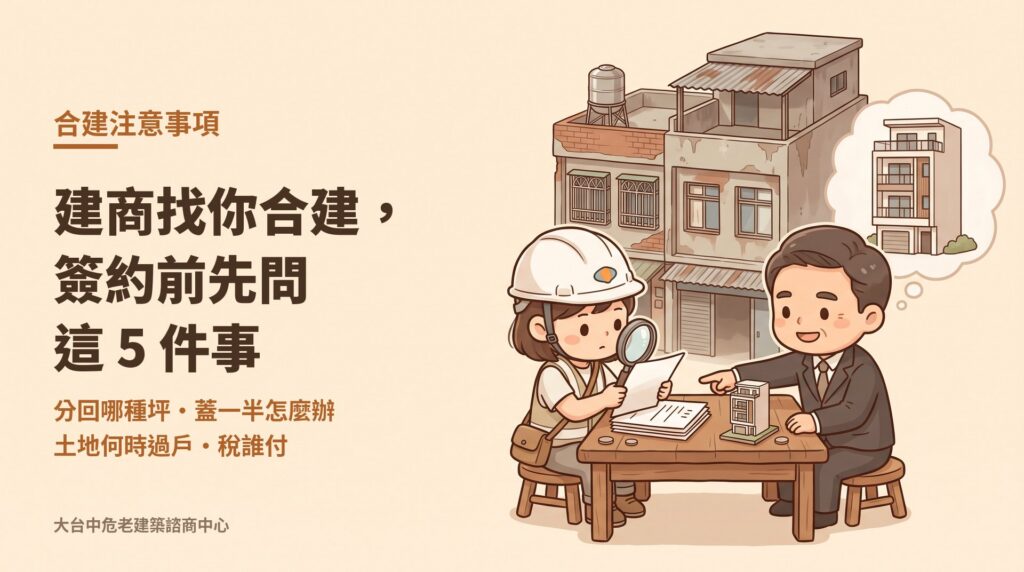 合建注意事項：建商找你合建，簽約前先問這 5 件事，分回哪種坪、蓋一半怎麼辦、土地何時過戶、稅誰付