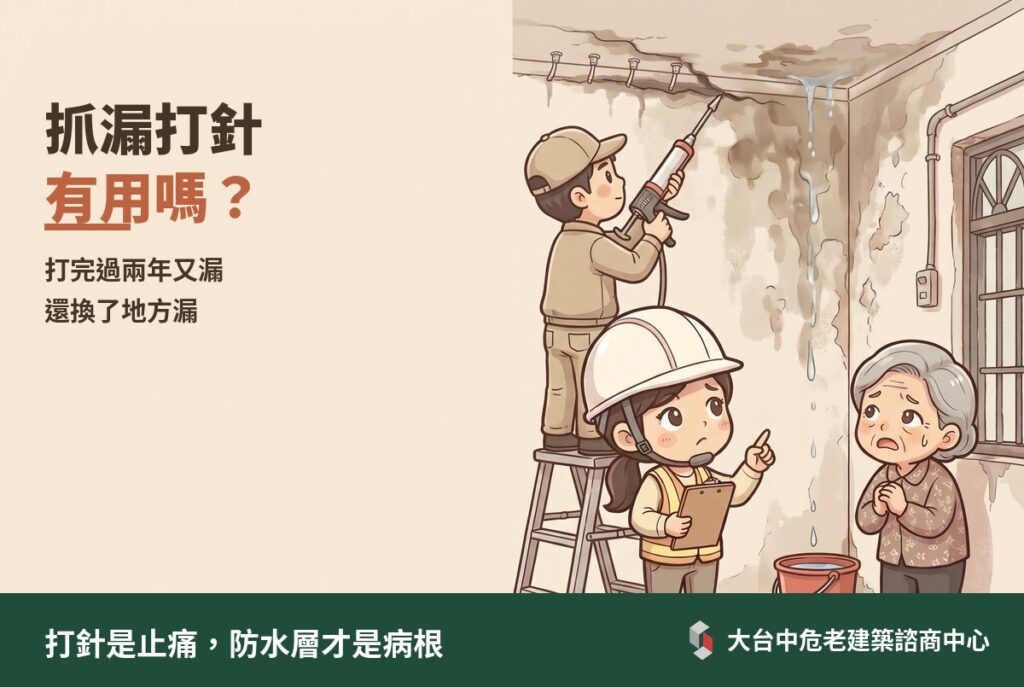 老透天頂樓天花板漏水，師傅在裂縫打針，旁邊又出現新的水漬，戴安全帽的顧問和屋主在一旁看