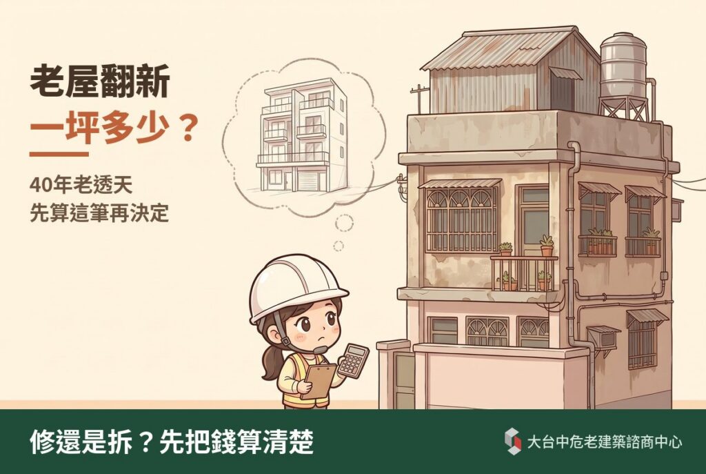 戴白色安全帽的女生拿著計算機和板夾，站在頂樓加蓋、外牆有漏水痕跡的台中老透天前，思考翻新還是重建