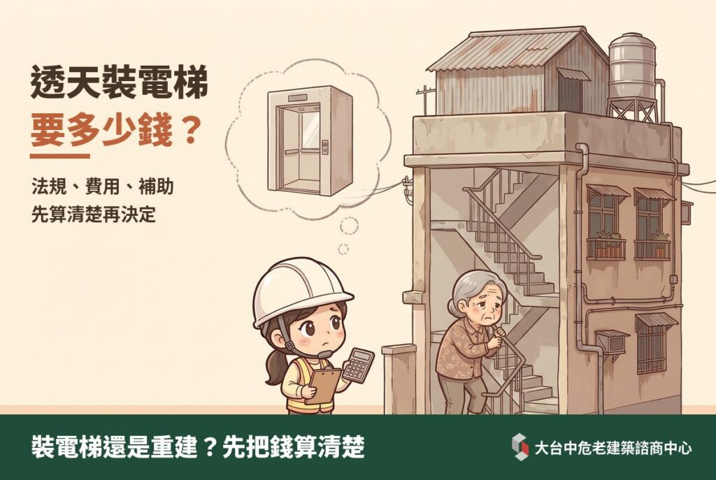 透天加裝電梯：戴安全帽的顧問拿著計算機，看著老透天裡辛苦爬樓梯的長輩