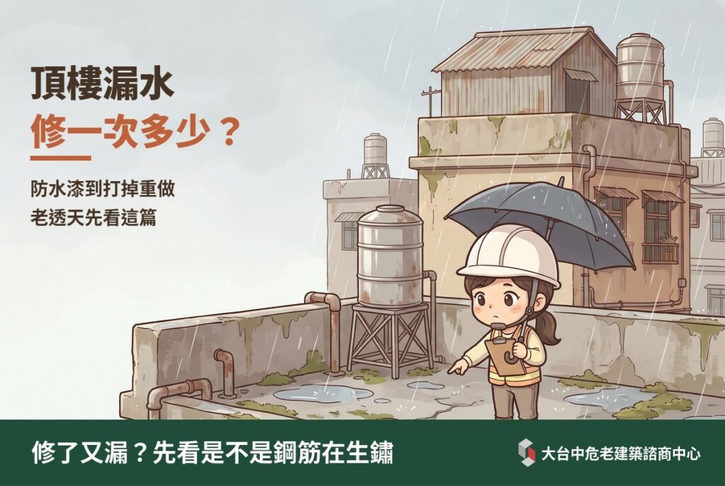 頂樓漏水：戴安全帽的顧問撐傘站在下雨的老透天頂樓，指著積水和裂縫
