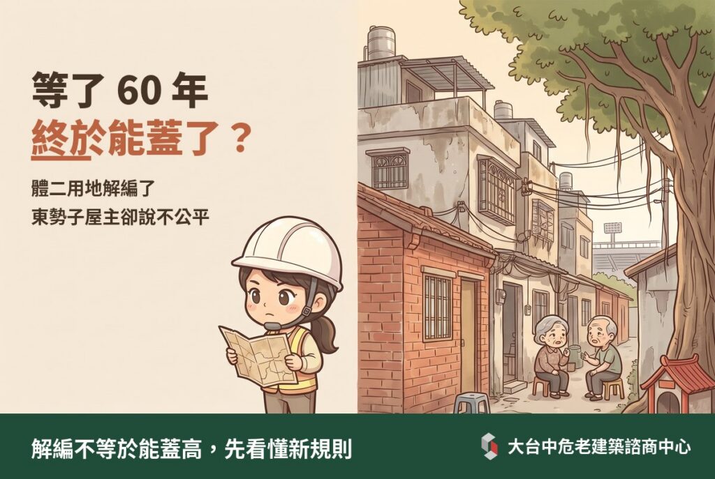 台中東勢子老聚落窄巷，戴安全帽的顧問拿著舊地圖，體二用地解編後屋主覺得不公平